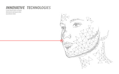 Low poly female human face laser skin treatment. Rejuvenation procedure beauty salon care. Clinic medicine cosmetology innovation technology. 3D polygonal rendering vector illustration