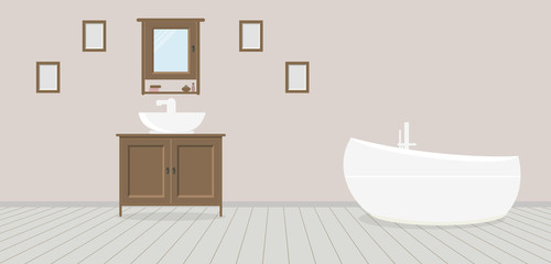 Provencal style bathroom with washbasin, wardrobe, fashionable bath and paintings on a dusty rose wall. Light gray wooden planks on the floor. Vector illustration