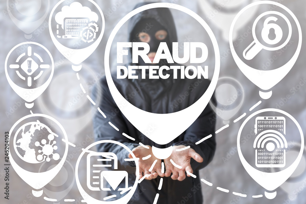Poster hacker working on a virtual screen of the future and using the inscription: fraud detection. fraud d