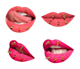 Set of mouths with beautiful make-up and decorative spikes isolated on white. Pink lipstick