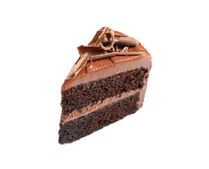 Piece of tasty homemade chocolate cake on white background