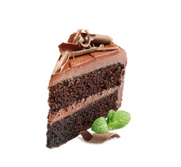 Piece of tasty homemade chocolate cake with mint on white background