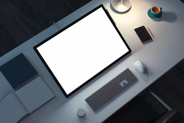 Tablet with blank white screen, mouse and keyboard on desk. 3d rendering.