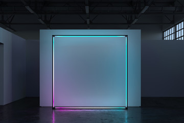 Canvas blank placard on white illuminated wall in showroom, 3d rendering.