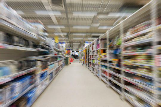 interior hypermarket in the Department of household appliances, Abstract blur Background,  Convenience Store as shopping Concept.
