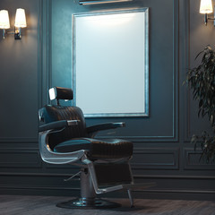 White blank canvas poster with illumination in modern barber shop, 3d rendering.