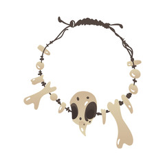 Vector stone age primitive necklace made of bones, sharp fangs and skull. Handmade prehistoric amulet, talisman Ancient civilization archeologic artifact. Isolated illustration