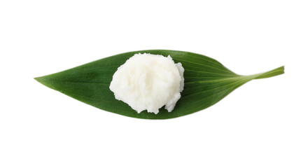 Leaf with shea butter isolated on white, top view