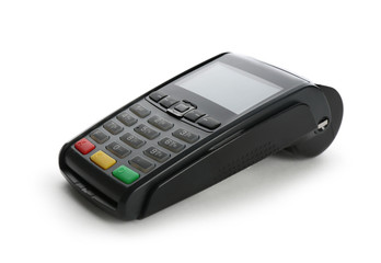 Modern payment terminal on white background. Space for text