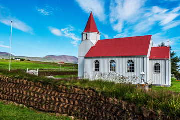 Wooden church in Glaumbaer farm in Northern Iceland.