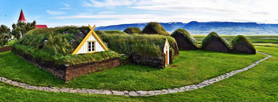 Panoramic view at Traditional Icelandic farm  Glaumbaer composed of turf houses in Northern Iceland.