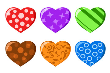 Set of hearts decorated in different styles on a white.