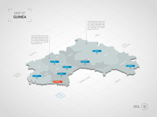 Isometric  3D Guinea map. Stylized vector map illustration with cities, borders, capital, administrative divisions and pointer marks; gradient background with grid. 