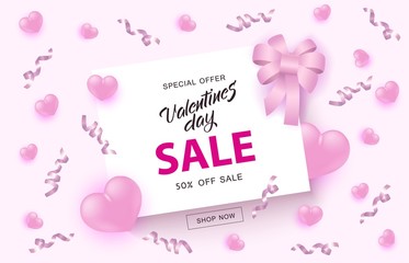 Vector valentines day sale poster, special offer banner with hearts daisy flowers, hand written lettering. Romantic holiday commercial background, online store clearance, shopping promotion template.