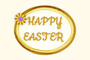 oval yellow wooden frame with a yellow-brown signature happy Easter and a yellow flower on a light background