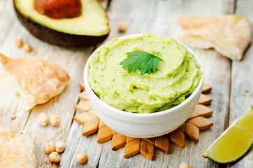avocado hummus with pita and fresh avocado slices
