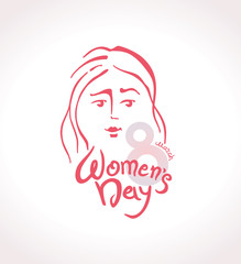 Women's Day linear modern vector template with lettering design 8 march and female face. Elegant greeting card International Women's Day. 