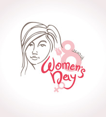 Women's Day linear modern vector template with lettering design 8 march and female face. Elegant greeting card design for International Women's Day celebration. International Women's Day. Vector 