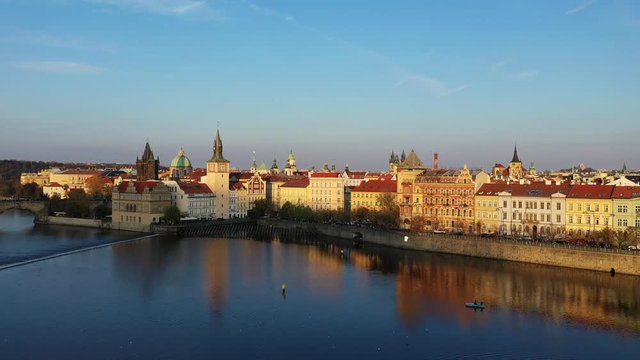Prague, Czech Republic panorama with historic Charles Bridge and Vltava river on sunny day. Prague, Sunset over city as seen from above, Czech Republic