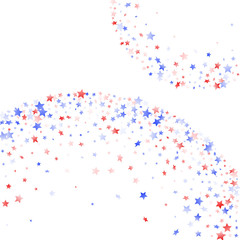 Flying red blue white star sparkles on white vector american patriotic background.