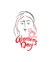 Women's Day linear modern vector template with lettering design 8 march and female face. Elegant greeting card design for International Women's Day celebration. Vector template 