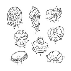 Vector sweet funny humanized character with legs, arms and facial expressions set. Delicious monochrome doughnut, macaroni pancake croissant pretzel dessert smiling for restaurants, cafe menu