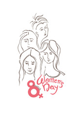 Women's Day linear modern vector template with lettering design and women faces. Happy women's day. Vector templates for card, poster and flyer. Elegant greeting card International Women's Day. 