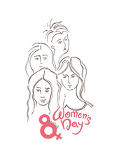 Women's Day linear modern vector template with lettering design and women faces. Happy women's day. Vector templates for card, poster and flyer. Elegant greeting card  International Women's Day.
