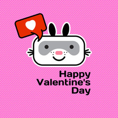 card Happy Valentines Day with a rabbit on a pink background. Vector illustration