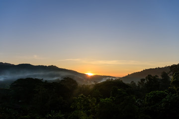 Tropical forest mountain with fog and mist in morning during sun rise at Hang Dong district in Chiang Mai, Thailand