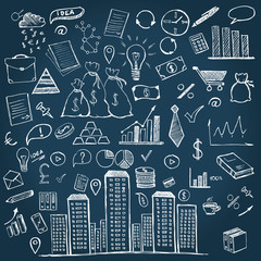 Hand drawn business symbols. Management concept with Doodle design style. 