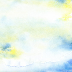 Abstract yellow and blue watercolor background with texture aquarelle paint and paper. Empty surface of square format with grunge effect for your text or collage.