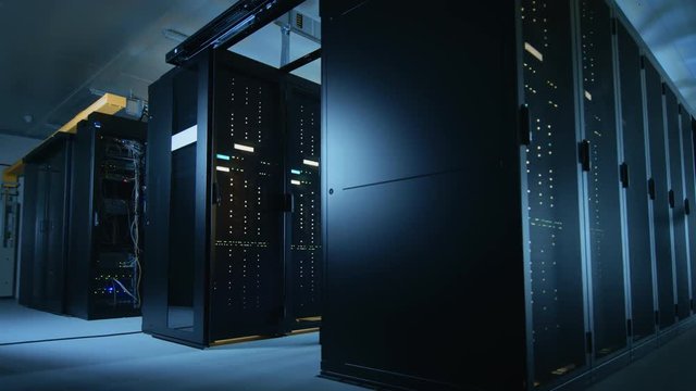 Time Lapse in Data Center: IT Specialists and Engineers Working, Running Maintenance Check, Diagnostics. Modern Concept of Telecommunications, Cloud Computing, Artificial Intelligence, Supercomputer