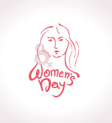8 March. Women's Day card. Handwritten logo with a young woman's portrait. Line art.