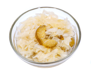 Traditional organic raw and fermented sauerkraut with pickled Persian cucumbers.