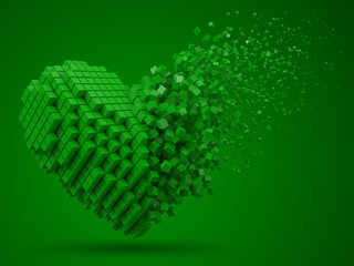 heart shaped, dissolving data block. made with green cubes. 3d pixel style vector illustration.