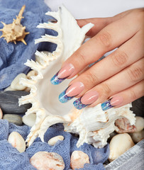 Obraz na płótnie Canvas Hand with long artificial blue french manicured nails holding a seashell