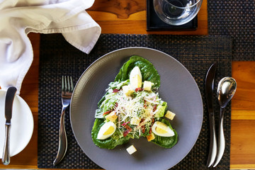 Healthy delicious vegetarian salad with eggs and veggie
