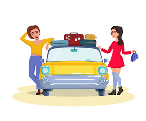 Two Beautiful happy girls going to holiday trip by retro car. Suitcases on top. Driving, trip, travel concept. Vector illustration
