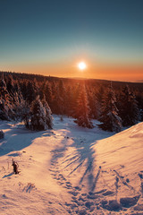 Mountain winter landscape with snow and pine forest. Colorful sunset view from the top of the mountains with valley fog in the evening. Wolfswarte, Torfhaus, Harz Mountains National Park in Germany