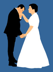 Groom and bride wedding day, in dress and suit vector illustration. Young wedding couple. Happy bride and groom after wedding ceremony. Just married couple in love. Sweet closeness and ceremony day.