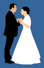 Groom and bride wedding day, in dress and suit vector illustration. Young wedding couple. Happy bride and groom after wedding ceremony. Just married couple in love. Sweet closeness and ceremony  day.