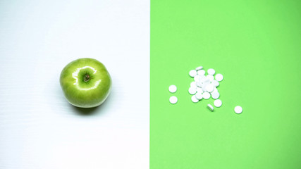 Apple vs pills choice, diet and healthy lifestyle, advice from doctor, macro