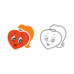 Vector illustration of the character heart girl with cheek birthmark. Set of vector symbols. Fiery flame of love in the children's picture of the animation character. Flat design Monohrome