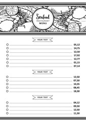 Vector illustration of seafood restaurant or market menu or price list template with various aquatic animals and spices in header. Layout with hand drawn line sea and ocean food for marine design.