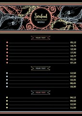 Seafood restaurant or market menu or price list template - vector illustration of layout with different hand drawn outline sea and ocean animals in header on black background.