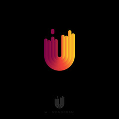 U letter logo. U monogram. The original logo consists of rounded stripes with a gradient. Bright backlight. 3D illusion.