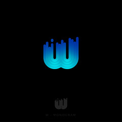 W letter logo. W monogram. The original logo consists of rounded stripes with a gradient. Bright backlight. 3D illusion.