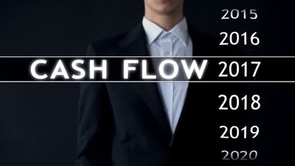 Cash flow for 2017, businessman selects financial report on virtual screen