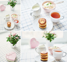 Cheesecakes and cottage cheese with tea. Delicious cheesecake on table. Copy space. Concept of Russian and Ukrainian cuisine. Romantic breakfast. Mother's Day Greeting Card. Healthy food. Women's Day